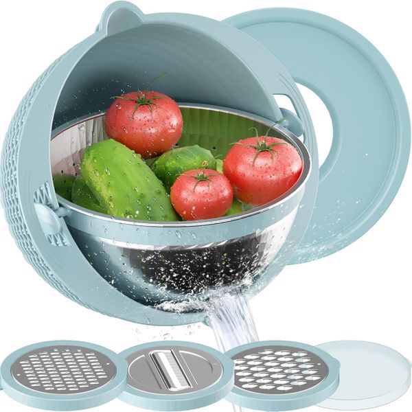 4-1 Colander with Mixing Bowl Set - Strainers for Kitchen, Food Strainers and Colanders, Pasta Strainer, Rice Strainer, Fruit Cleaner, Veggie Wash, Salad Spinner, Apartment & Home Essentials - Blue