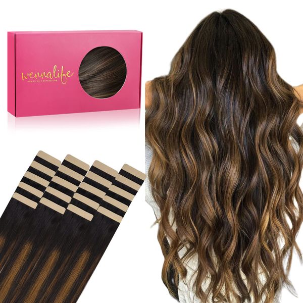 WENNALIFE Tape Extensions Echthaar, 20pcs 50g 35cm 14 Zoll Balayage Natürliches Schwarz bis Chestnut Braun Remy Invisible Tape Extensions Seidig Gerade Echthaar Extensions Skin Weft Tape Ins