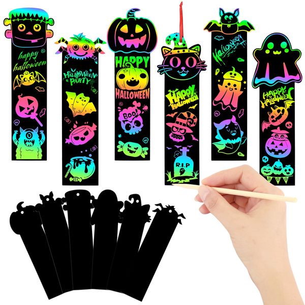 AUGSUN 96Pcs Halloween Scratch Bookmarks, Cute Pumpkin Bat Spider DIY Crafts Kit Rainbow Magic Scratch Paper Art School Classroom Activity Halloween Party Favors