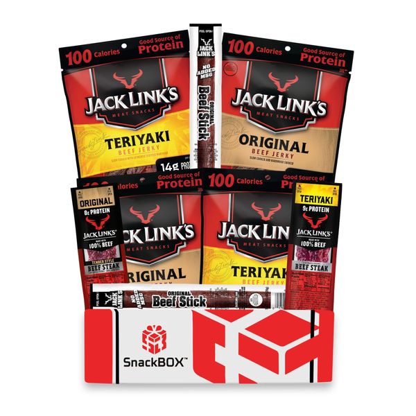 Jack Link's Beef Jerky Care Package Variety Pack | Gift Basket | Snack BOX (8 Items) Great for Easter Treats, Date Night, College, Gift for Guys, Camping, Hunting and Much more! | by SnackBOX