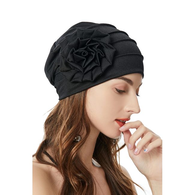 ZLYC Damen Beanie Mütze mit Blumen Elastischer Chemo Hut(Blumen Schwarz)