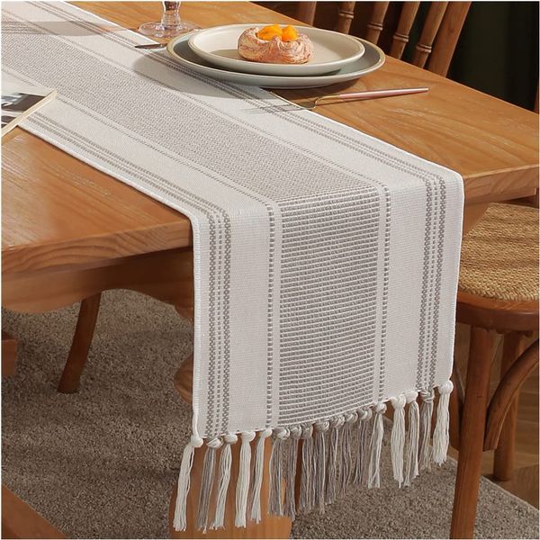 Boho Table Runner Natural Stripe for Modern Farmhouse Coffee Table Decor, Rustic Woven Runner with Handcrafted Tassels for Home Dining Table décor 13 x 60 Inch Long