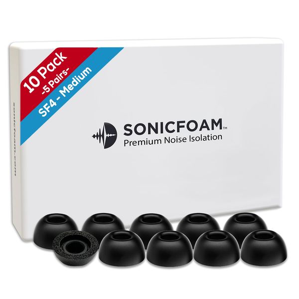 SONICFOAM Memory Foam Earbud Tips - Premium Noise Isolation, Replacement Foam Earphone Tips, 10 Pack for in Ear Headphone Earbuds (SF4 Medium, Black)