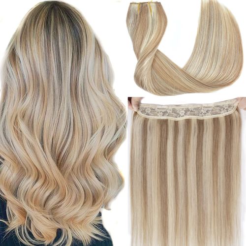 Ugrace Hair Extensions Clip in Real Human Hair Light Blonde Highlighted Golden Blonde 18 inch 90g Hairpiece with Invisible Fish Line Straight Clip in Human Hair Extensions for Women