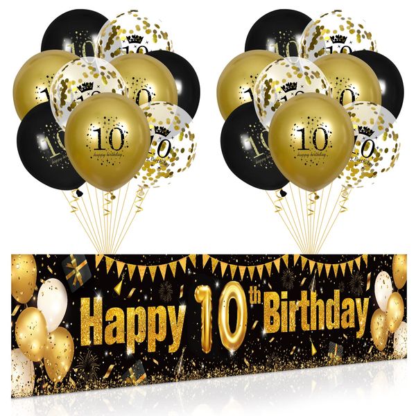 10th Birthday Decorations for Boys Girls Black and Gold Happy Birthday Yard Banner 18PCS 10th Birthday Confetti Balloons for Kids 10 Years Old Anniversary Birthday Party Supplies Outdoor Yard Decor