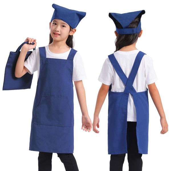 BIGHAS Kids Apron, 3-Piece Set, Triangular Cloth, Drawstring Bag, Shoulder Bag, Backcloth, Solid Color, Adjustable Size, Wrinkle Resistant, blue