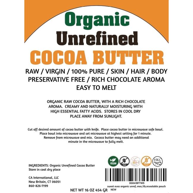 Organic Unrefined COCOA BUTTER - 1lb Block, 100% Pure, Non Deodorized, Rich in Antioxidants, for DIY Recipes, Soaps, Lip Balms, Lotions, Body Butters, Creams Making, No Fillers or GMOs, Raw, Virgin, Preservative Free, Rich Chocolate Aroma, Resealable Pouc