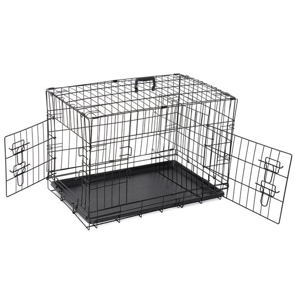 30" Folding Metal Dog Crate Double Doors Dog Crates Black Dog Durable Cage Pet