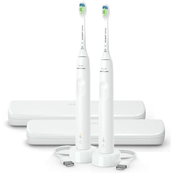 Philips Sonicare Electric Toothbrush DiamondClean 2-Pack Bundle, Rechargeable Electric Tooth Brush with Pressure Sensor, Sonic Electronic Toothbrush, Travel Case, White