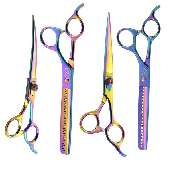 Glamified Glam Professional Dog Grooming Scissors Set, 7.5 Inch Rainbow Pet Grooming Scissors Chunkers, Curved, Thinning Shears for Dog and Cat