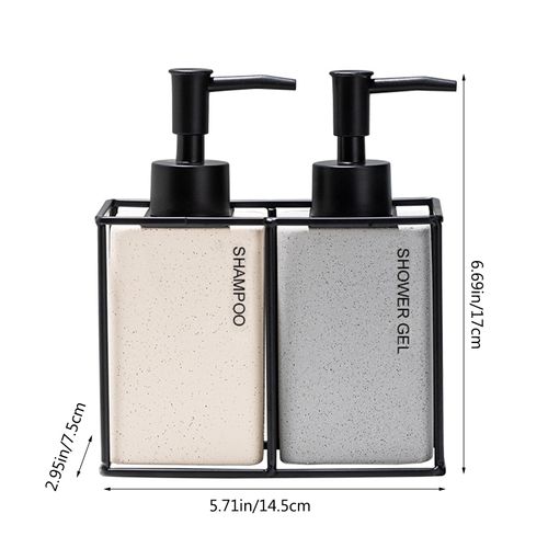 YTDTKJ 2Pcs Ceramic Soap Dispenser Bottles with Iron Stand, Shampoo & Shower Gel Dispenser for Bathroom, Leak-Proof Hand Liquid Soap Dispenser, Ceramic Home Decor (330ml/Bottle, Beige & Gray)