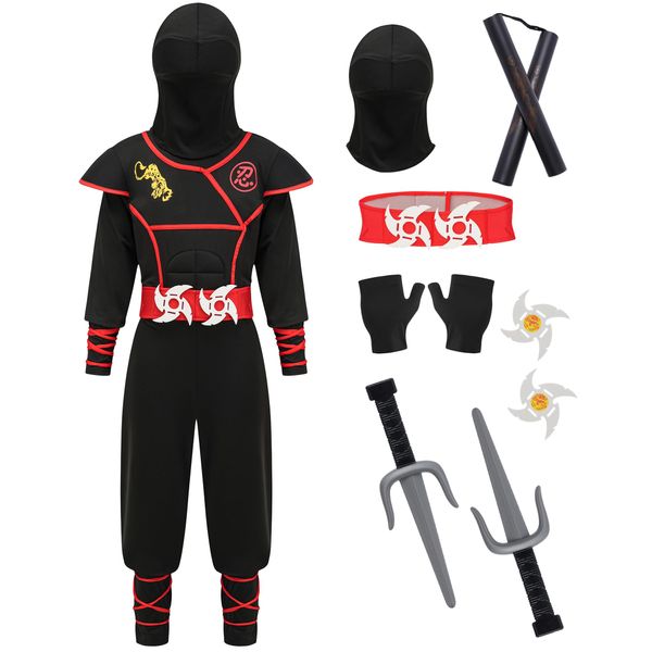 GZ-LAOPAITOU Kids Ninja Costumes for Boys Deluxe Ninja Suit Halloween Cosplay Costumes Party Dress Up with Accessories