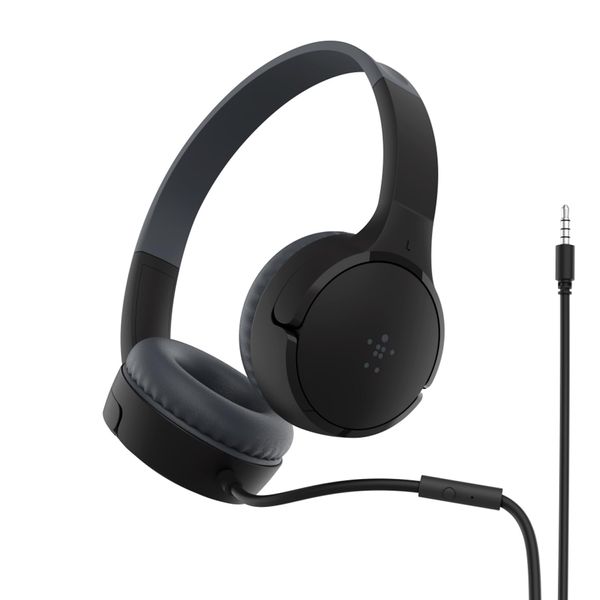 Belkin SoundForm Mini On-Ear-Kopfhörer mit Kabel für Kinder, Over-Ear-Headset mit integriertem Mikrofon für die Schule, für Reisen und zum Spielen, für Geräte mit 3,5-mm-Klinkenanschluss - Schwarz