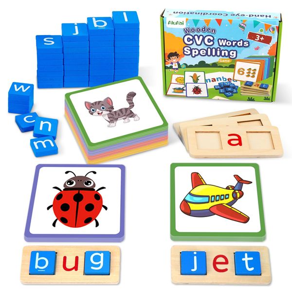 AluAbi Wooden CVC Word Spelling Games, Sight Words Flash Cards Reading Letters for Beginner Preschool Learning Activities Montessori Educational Toy Gift for 3 4 5 6 Year Old Kids