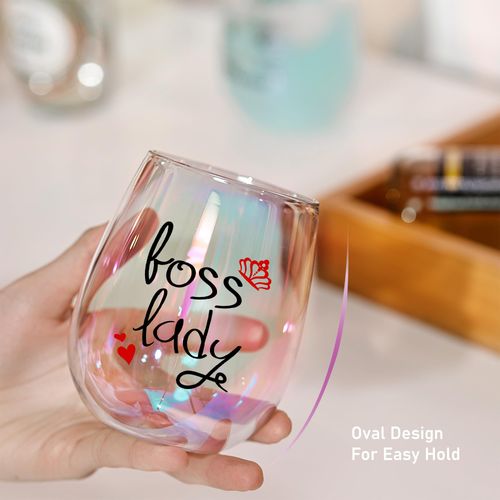 Boss Lady Gifts for Women Boss Lady Gifts Wine Glass Birthday Gifts for Women Boss Female Mothers Day Gifts 15oz Rainbow Stemless Wine Glass (Boss Lady)