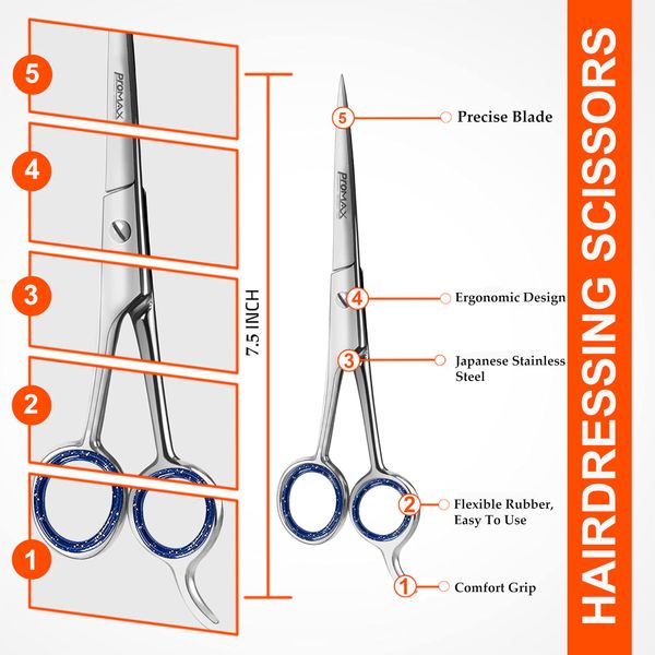 ProMax Care Hair Cutting and Hairdressing Scissors 7.5 Inch, Stainless Steel shears with smooth Razor & Sharp Edge Blades, for Salons, Professional Barbers, Men & Women, Kids, Adults, & Pets