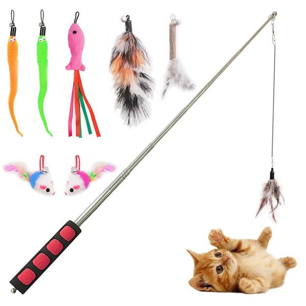 Whefory Cat Fishing Pole for Indoor Cats,Interactive cat Toys with Colorful Feather and Bell. (Red)