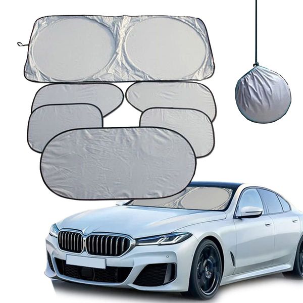 6Pcs Car and SUV Front Windshield Foldable Sunshade, Sunscreen Mat, Silver Cloth (6Pcs All Window)