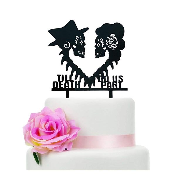 Till Death Do Us Part Wedding Cake Topper, Mr and Mrs Skull Cake Topper, Skeleton Couple Cake Topper, Black Silhouette Cake Topper（Skull）