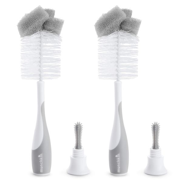 Munchkin Bottle Brush, 2-In-1 Sponge & Baby Bottle Brushes for Cleaning, Bottle Cleaner Brush & Water Bottle Brush Set, Soft & Reusable with Built In Teat Brush, Dishwasher Safe, 2 Pack - Grey