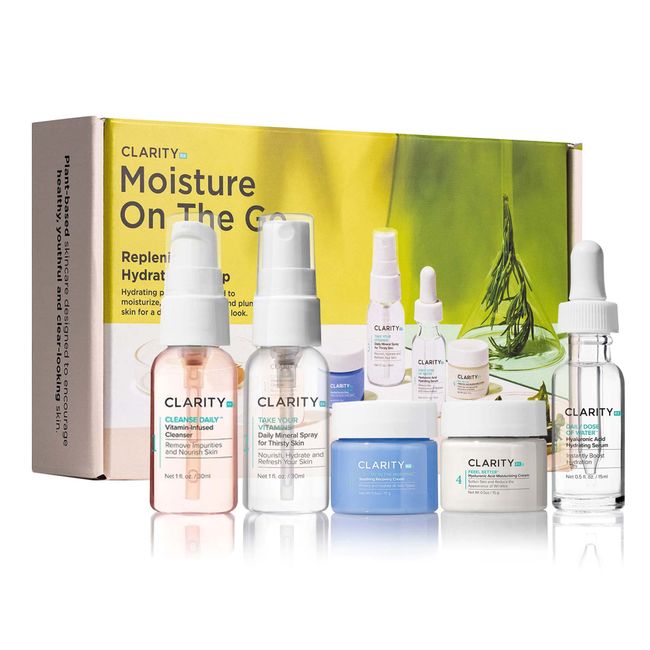 ClarityRx Moisture On The Go Skincare Kit, Includes Natural Plant-Based Daily Face Wash, Mineral Spray, Calming Moisturizer, Hyaluronic Acid Moisturizing Cream & Serum