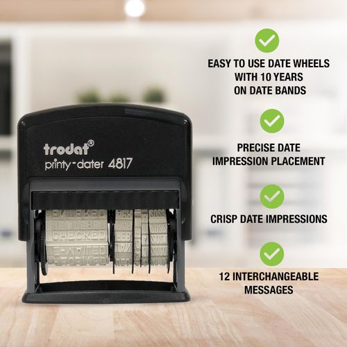 Trodat Printy 4817 Economy Dial-A-Phrase, 12 Popular Office Messages, Month in Letters, Day and Year in Numbers, Rubber Date Stamp – Self Inking (Black)
