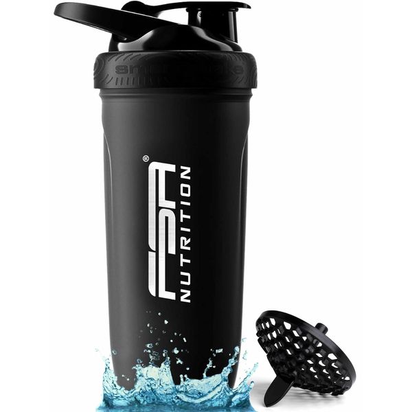 FSA Nutrition Edelstahl Protein Shaker - Fassungsvermögen 900 ml - Skaliert bis 700 ml - auslaufsicher - BPA frei - mit Sieb für cremige, klumpenfreie Shakes - Shaker Proteinshake - Schwarz