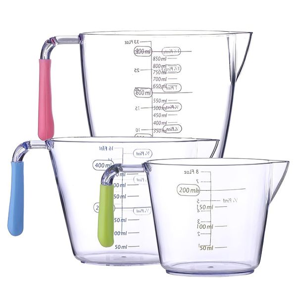 3PCS Plastic Measuring Jugs, BPA-Free Measuring Jug for Kitchen & Baking, Measuring Jug Set with Handle, Plastic Jug with Measure Scale and Easy to Read Measurements, Mixing Jug with 200ML/400ML/900ML