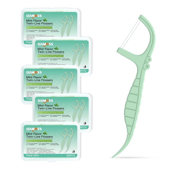 Mint Dental Floss Picks-250 Count LIAMOSS Twin Line Flosser-5 Box Portable Case Floss Organizers-Dual Function Toothpicks Storage-Pocket Floss Case Travel Essentials