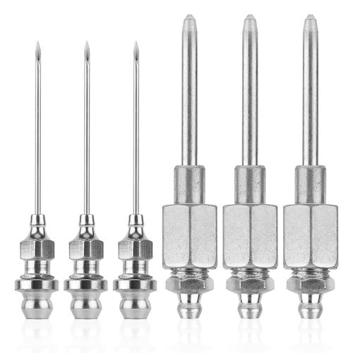 6pcs Grease Gun Needle Nozzle Kit, 3 Grease Needle Dispensers & 3 Grease Injector Needles Stainless Steel Grease Gun Tip Adapter Fitting Tool Accessory for Injecting Narrow Space & Deep Hole Metal