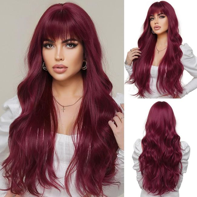 OUFEI Long Wavy Wine Red Wigs for Women Natural Synthetic Hair Heat Resistant Wigs for Daily Party Cosplay Wear-28 Inches