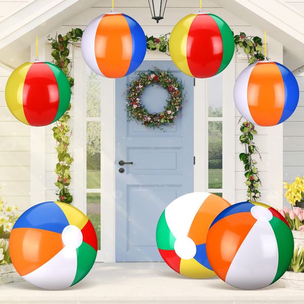 Maitys 12 Pieces of Beach Ball Decoration Rainbow Beach Ball with Hanging Rope and Hooks Inflatable Pool Ball Blow up Sport Ball for Summer Games Hawaiian Party Ornament