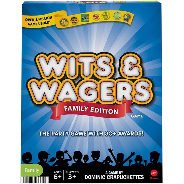 Mattel Games Wits & Wagers Board Game Family Edition for Kids and Adults with Dry Erase Boards, Markers & Question Cards