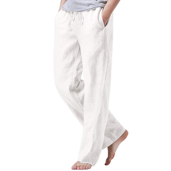 iWoo Mens Lightweight Elastic Waist Pants Baggy Linen Pants with Pockets White L