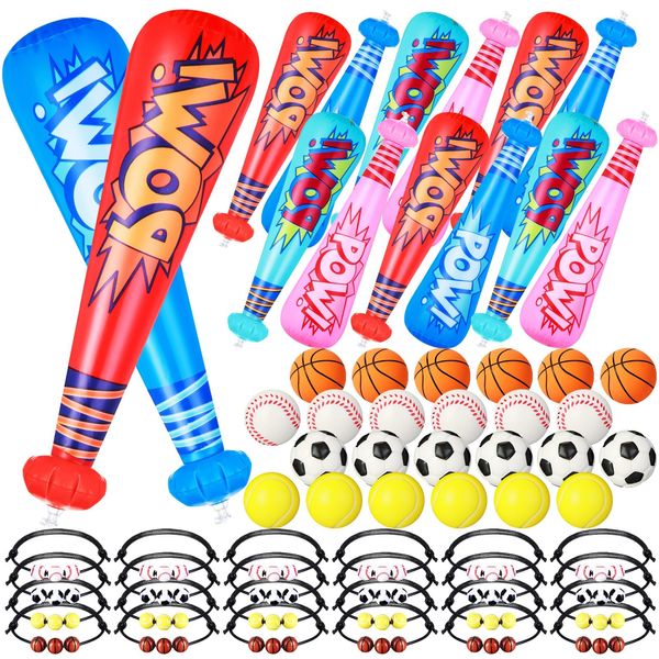 Ceenna 60 Pcs Sports Party Favors Including 12 Pcs Inflatable Baseball Bats 24 Pcs Adjustable Ball Bracelet 24 Pcs Stress Balls for Sports Theme Party Supplies Goodie Bag Favors Games Birthday