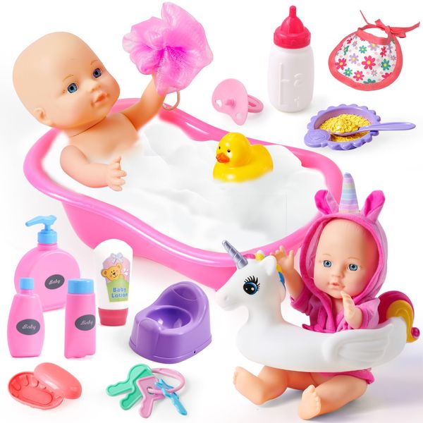 G.C Baby Doll Bath Set Toys with Bathtub & Unicorn Float & Bathrobe Feeding Caring Doll Accessories Toys Playset Toddlers Pretend Play Gifts for Girls Kids 3 4 5 6+ Years Old