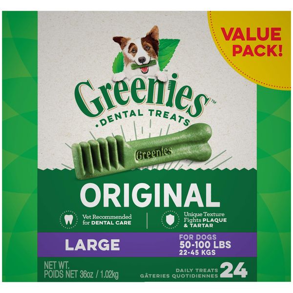 GREENIES Original Large Natural Dog Dental Care Chews Oral Health Dog Treats, 36 oz. Pack (24 Treats)