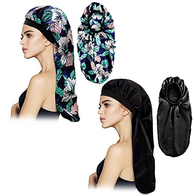 Silk Bonnet Satin Bonnet Hair Bonnet for Sleeping Extra Large Bonnet for  Braids Night Sleep Cap Hair Cover with Tie Band ((Black)