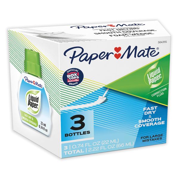 Paper Mate® Liquid Paper® Correction Fluid, Fast Dry & Smooth Coverage, White, Pack Of 3