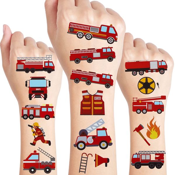 24 Sheets Fire Truck Temporary Tattoos, Birthday Decorations Firetruck Firefighter Party Favors