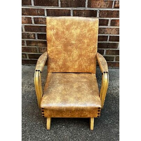 MCM 1940'S CHILDREN'S VINYL PLATFORM DANISH STYLE ROCKING CHAIR NAIL HEAD TRIM