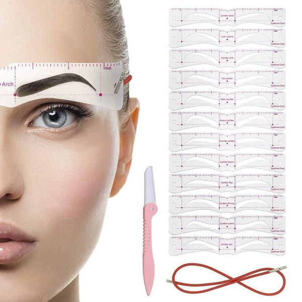 Eyebrow Stencil Shaper Kit, 12 Pieces Reusable Eyebrow Shapers Template Stencils with 1 Straps and 1 Eyebrow Razor Trimmer, DIY Eyebrow Stamp Kit for Grooming and Drawing Brows for 3 Minutes Makeup