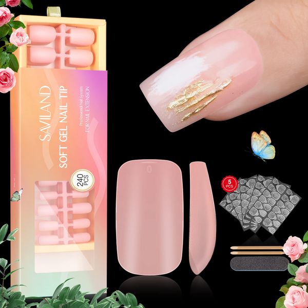 Saviland Medium Square Nail Tips - 240 Pieces Soft Gel Nail Tips Double Sided Matte Soft Gel Nail Tips No Files Pre-shaped Full Coverage Fake Jelly Nail Glue Stickers for Women DIY Nail Extensions 15