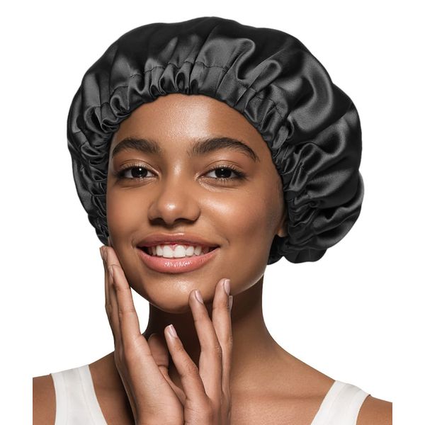 Alnorm Satin Sleep Cap Double-Sided Adjustable Hair Bonnet for Girls Black