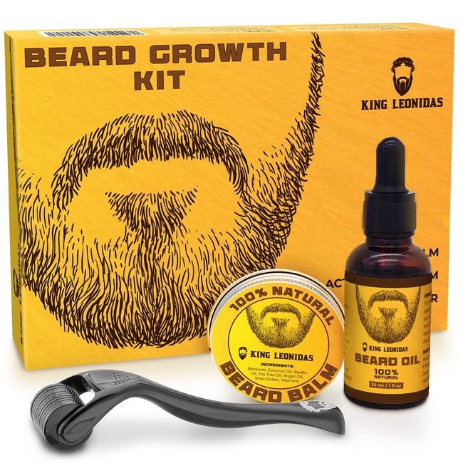 KING LEONIDAS Beard Kit Including Organic Oil, Titanium Derma Roller & Natural Beard Balm - Men's Grooming Kit & Beard Care Kit For Men for Patchy Facial Hair