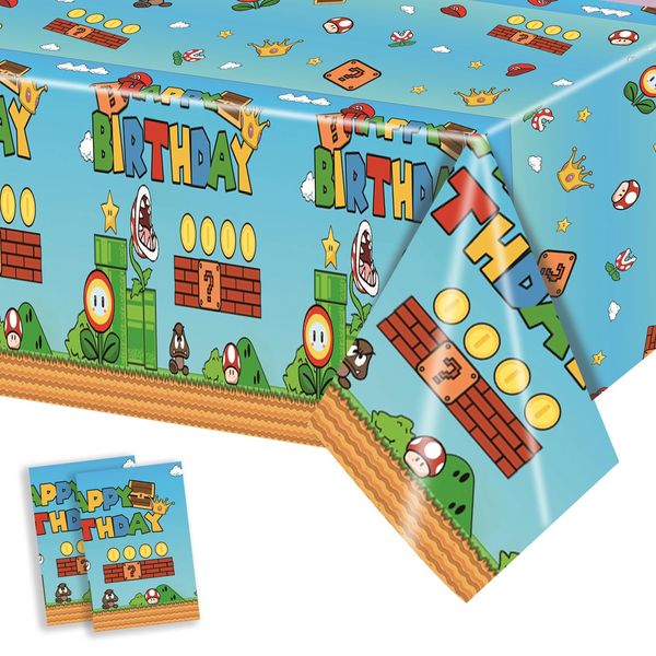 USERTEN 2Pcs Super Brothers Adventure Party Tablecloths 108 x 54 inches Video Game Plastic Table Cloth Fits for Mario Theme Boy Birthday Party Decoration Disposable Tablecovers Decor Supplies