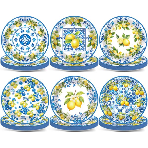 CHUNNIN 60PCS Lemon Party Paper Plates for Lemon Theme Party Decorations 7In Blue Tiles Yellow Lemon Dessert Plates Disposable Tableware Dinnerware Set for Baby Shower Birthday Party Supplies