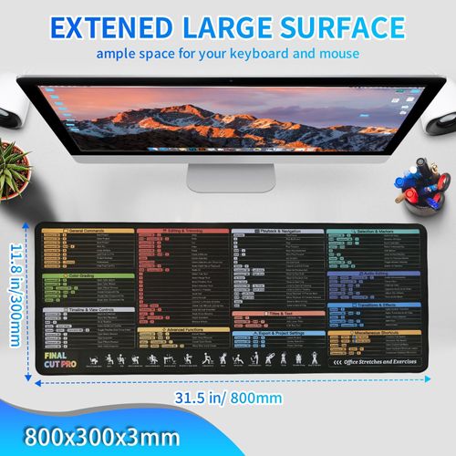 Final Cut Pro Shortcuts Mouse pad, Extra Large Size Keyboard Shortcut Mat for PC Large Gaming Desk Mat Mousepad, Stitched Edges Non-Slip Rubber Base Mouse Pads for Computers Laptop