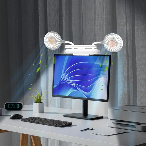 USB Monitor Clip on Fan via Flip-Open LED Light Bar, Two-Head Personal Cooling Fan Computer Monitor Fan Laptop Fan Quiet USB Fan for Office, 3 Wind Speeds, for Flat, Curved Monitors (Glacier Silver)