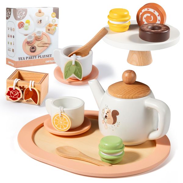 OMYBaby Wooden Tea Set for Little Girls, 19pcs Tea Party Playset with Teapot, Tea Cups, Dessert Stand, Macaroons, Cakes & Tray, Tea Time Playset Pretend Play Kitchen Toys Gift for Girls & Toddlers 3Y+